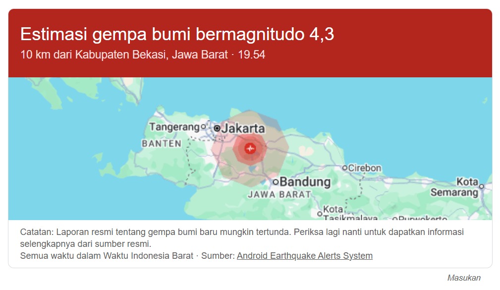 Gempa bumi magnitudo 4,3 terjadi di wilayah Bekasi, Jawa Barat. Foto/istimewa